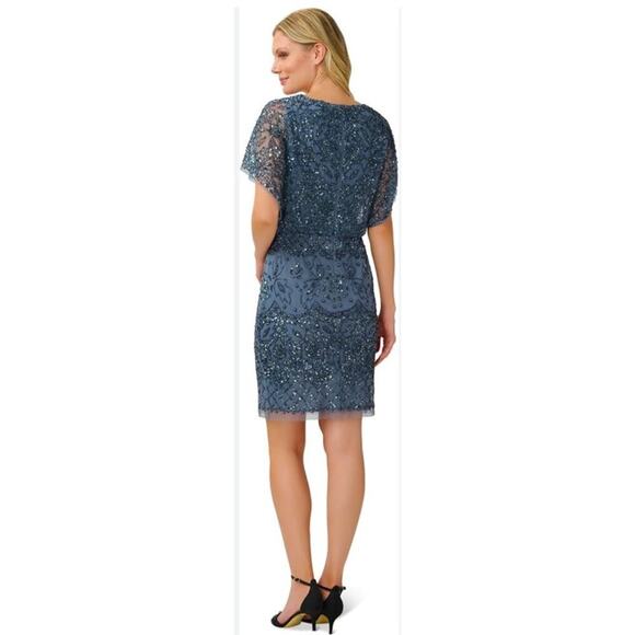 Adrianna Papell Beaded Mesh Blouson Sequin Embellishments Dress 0 Wedding Guest - Picture 2 of 13